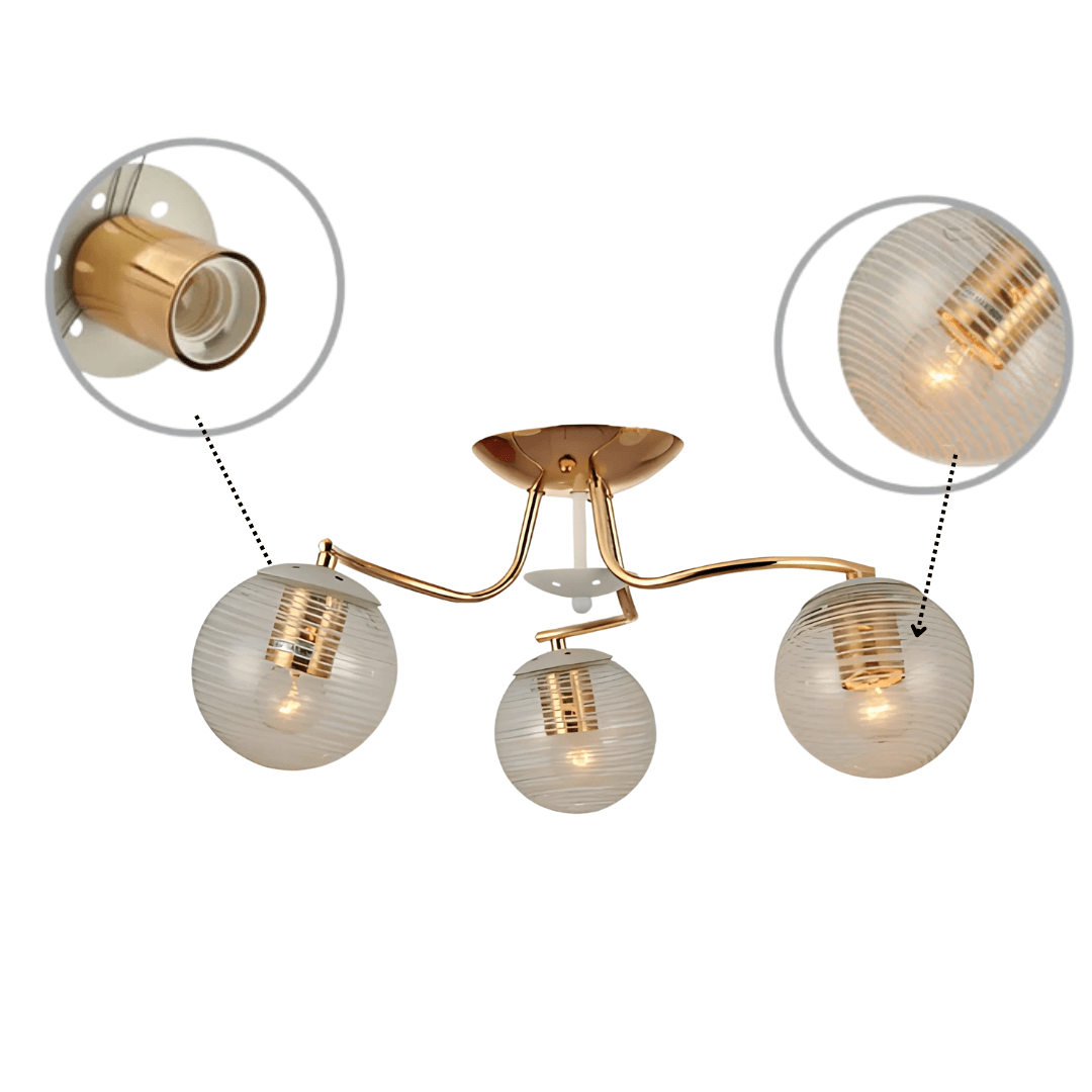 TKLD Ceiling Lights White Striped 3 Lamp Clear Globe Gold Semi Flush Ceiling Light - 40W