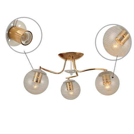 TKLD Ceiling Lights White Striped 3 Lamp Clear Globe Gold Semi Flush Ceiling Light - 40W