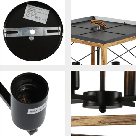 TKLD Pendant & Chandeliers Wood And Black Caged Candle Retro Square Pendant Ceiling Light 4xE27
