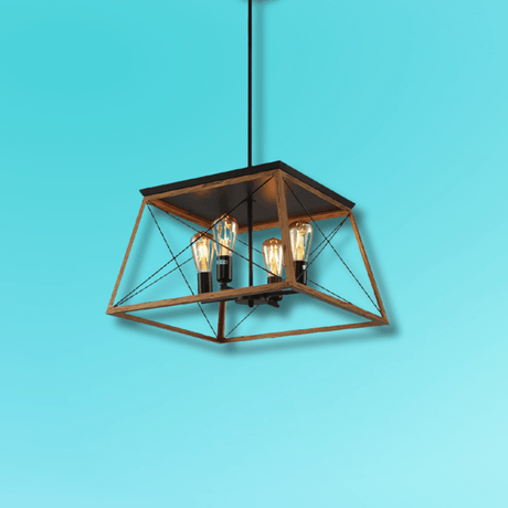 TKLD Pendant & Chandeliers Wood And Black Caged Candle Retro Square Pendant Ceiling Light 4xE27
