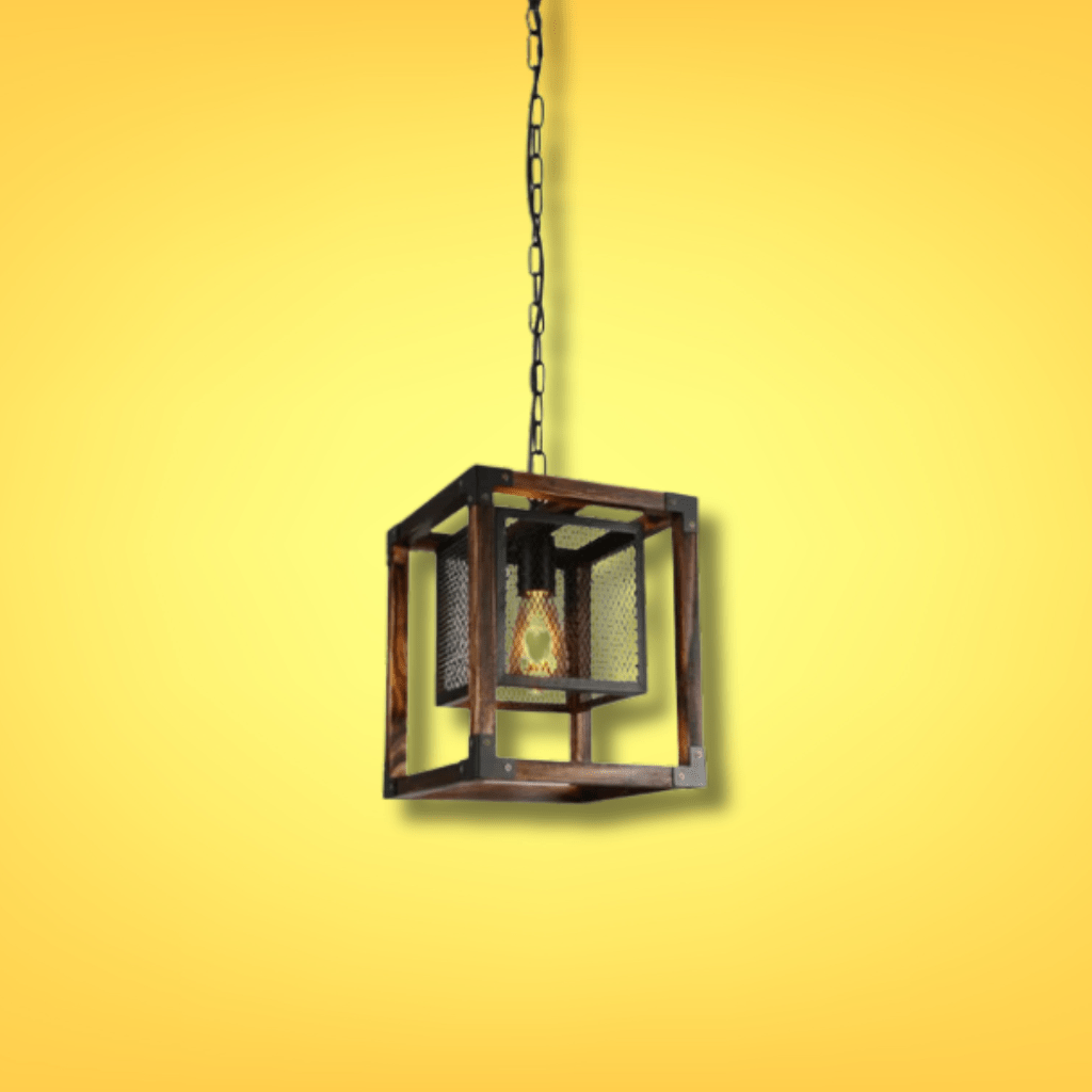 TKLD Pendant & Chandeliers Wood Cube Black Cage Lantern Rustic Pendant Ceiling Light E27