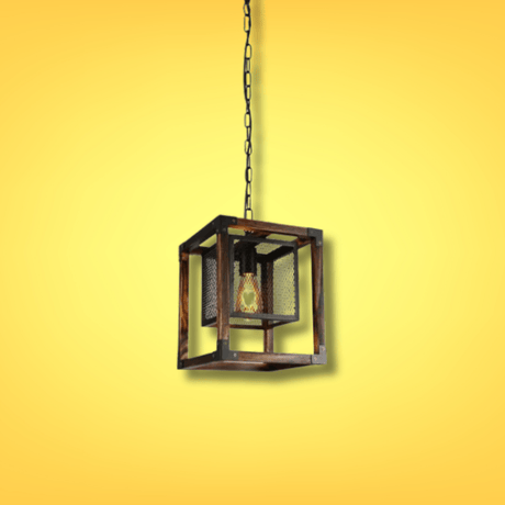 TKLD Pendant & Chandeliers Wood Cube Black Cage Lantern Rustic Pendant Ceiling Light E27