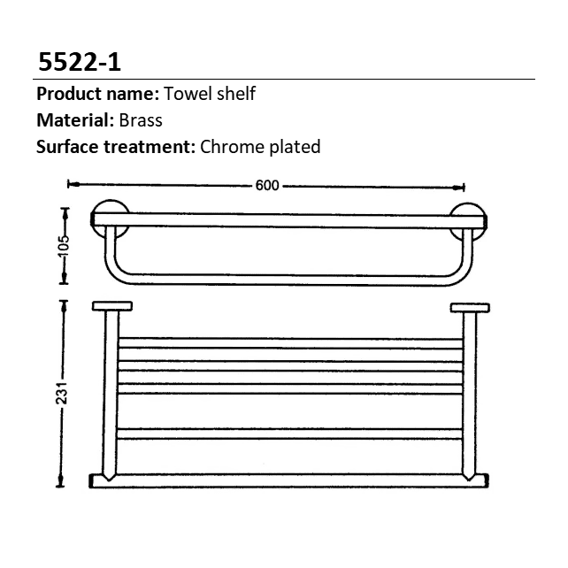 Toplight Bathroom Accessories Bathroom Brass Chrome Plated Towel Shelf with Single Towel Bar Holder - N5522