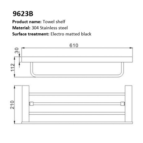 Toplight Bathroom Accessories Bathroom Stainless Steel Matte Black Towel Shelf with Single Towel Bar - 9623B