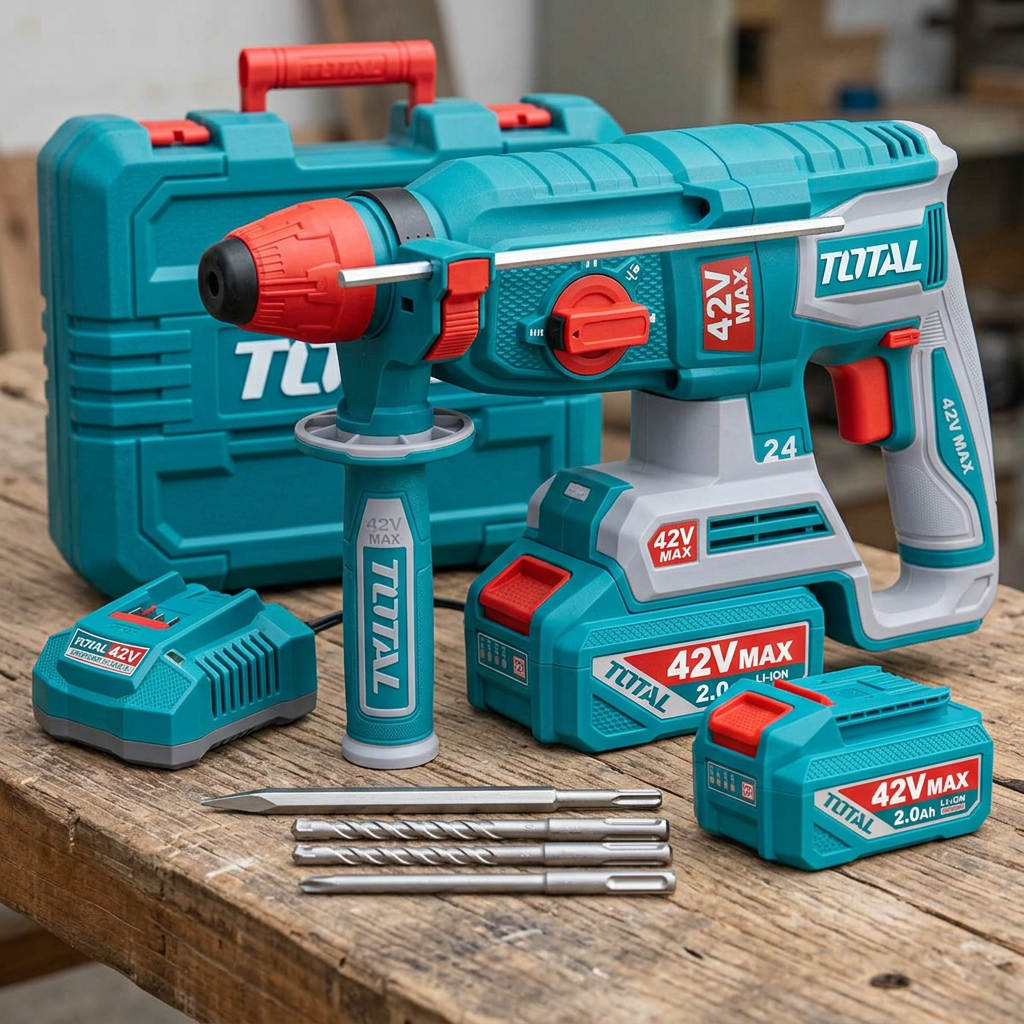 Total 42V rotary hammer kit on a workbench