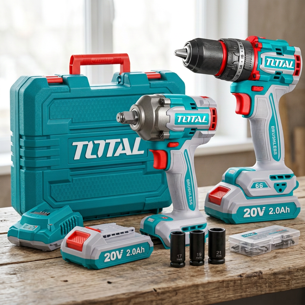 Total drill and impact wrench combo kit on a workbench