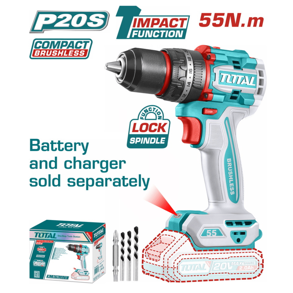 Total Drill Total Lithium-Ion 20V Brushless Cordless Impact Drill With Battery And Charger - TIDLI20558