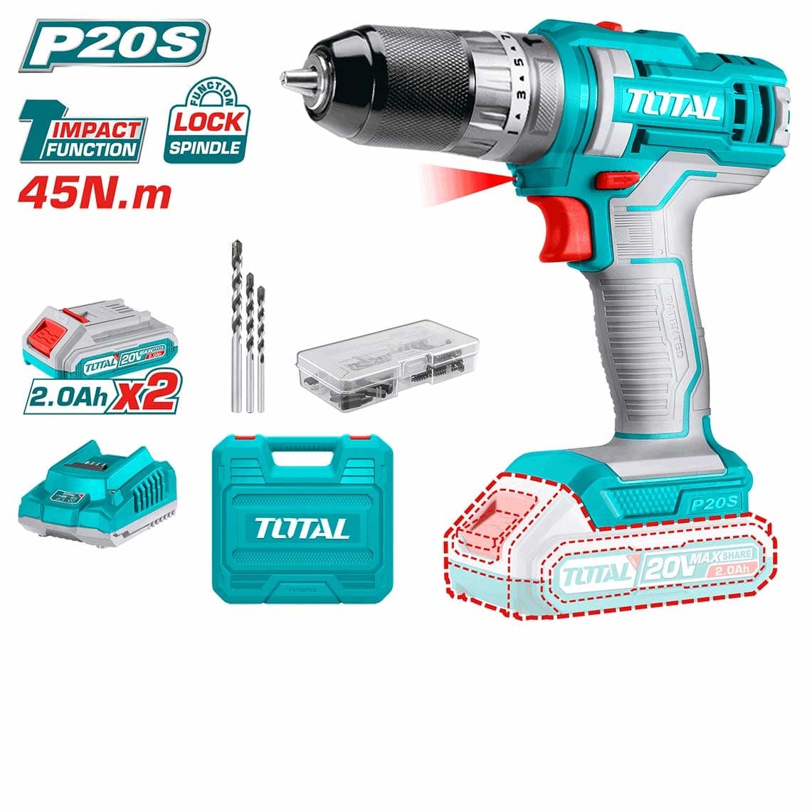 Total Drill Total Lithium-Ion Impact Cordless Drill 20V with Two Batteries - TIDLI201452