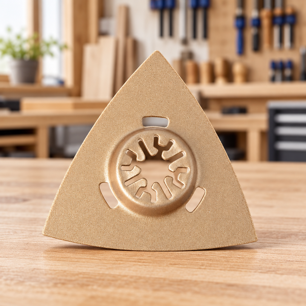 Triangular sanding pad on a workshop table