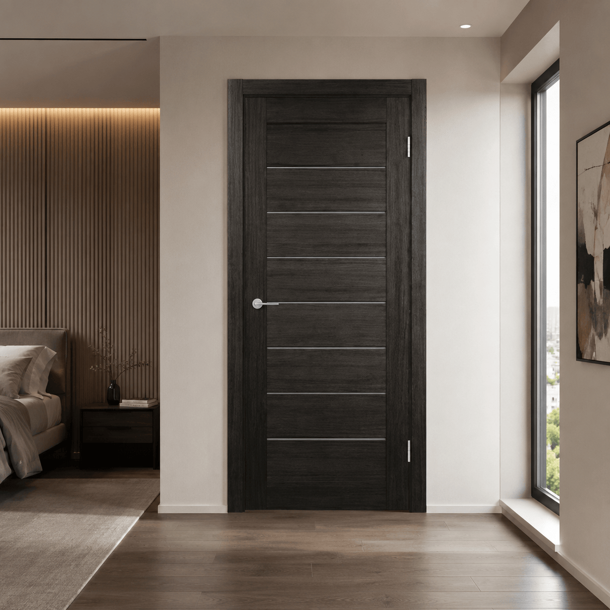 Unidoors Interior Doors Unidoors Modern Slim Horizontal Glass-Line Interior Door with Handle, Lock & 5 Keys - MD01