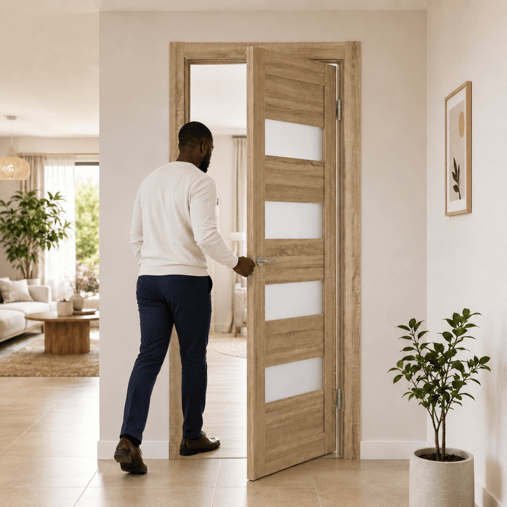 Unidoors Interior Doors Unidoors Modern Wide Horizontal Glass-Band Interior Door with Handle, Lock & 5 Keys - MD02
