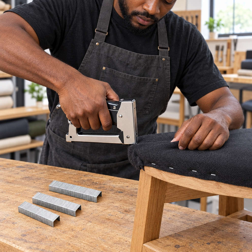 Upholsterer fastening fabric to a wooden stool seat