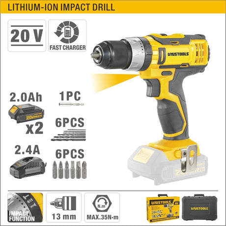 Uyustools Drill Uyustools Lithium-Ion Cordless Hammer Impact Drill 20V With 2 Pieces 2.0Ah Batteries - UY-ITL03-202