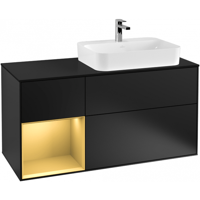 Villeroy & Boch Bathroom Vanity & Cabinets Villeroy & Boch Finion LED Vanity Unit With 3 Pull-Out Compartments for Countertop Basin, Matt Black/Matt Gold - G392HFPD