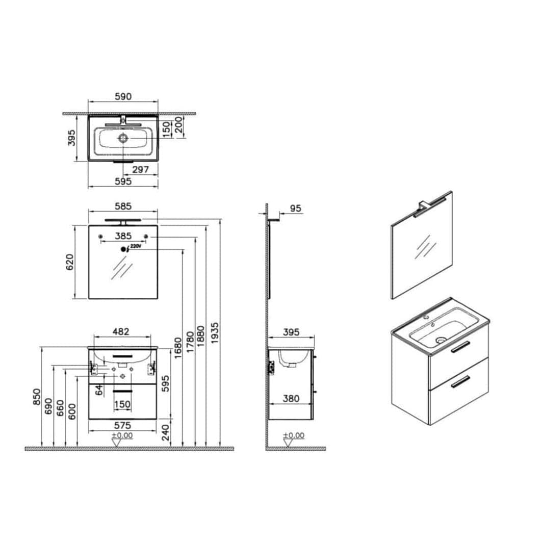 Vitra Bathroom Vanity & Cabinets Vitra Mia Anthracite Bathroom Vanity Cabinet 60cm - 75102