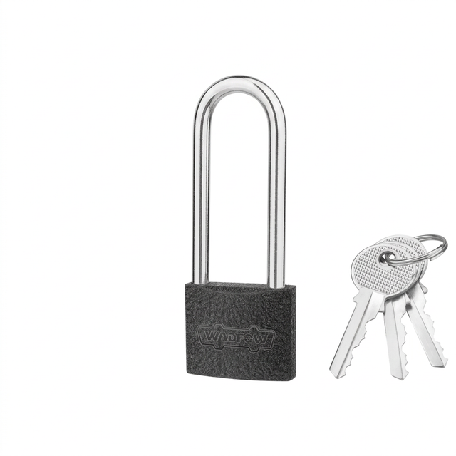 Wadfow long-shackle iron padlock with three keys on white