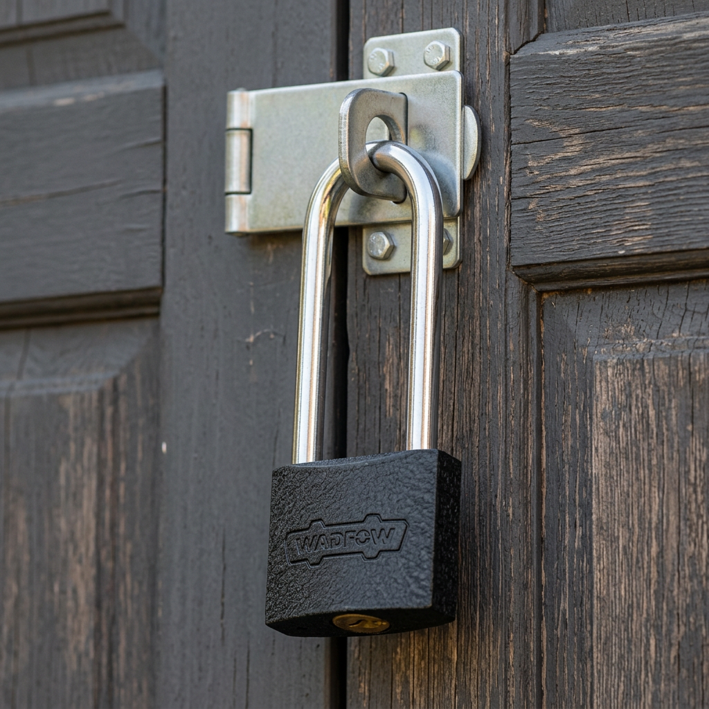Wadfow padlock fitted to a shed-door hasp