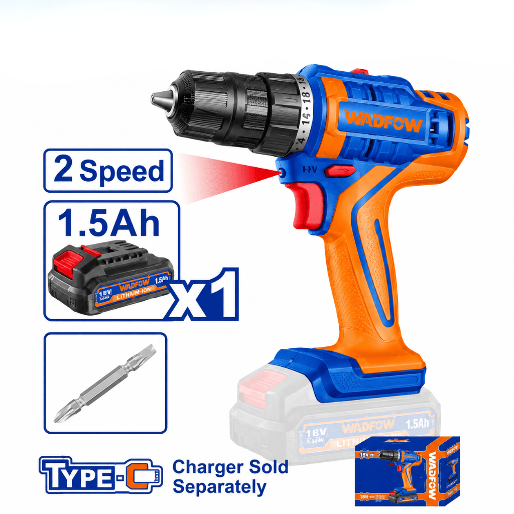 Wadfow Drill Wadfow 18V Brushless Cordless Drill 35Nm with 1.5Ah Battery - WCDP1825