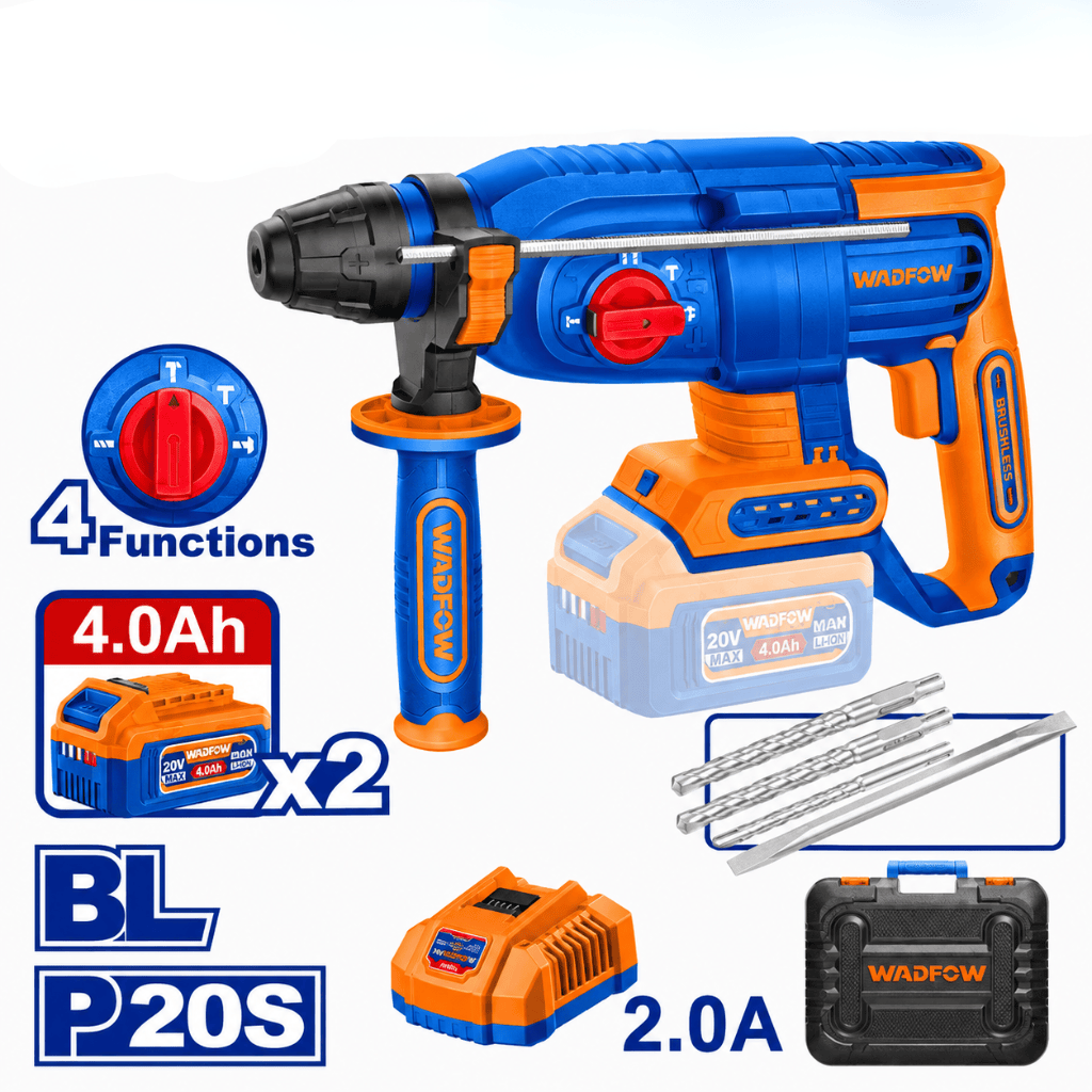 Wadfow Drill Wadfow 20V Brushless Cordless Rotary Hammer 2.5J with 2 x 4.0Ah Batteries, Charger & Accessories - WLM252682