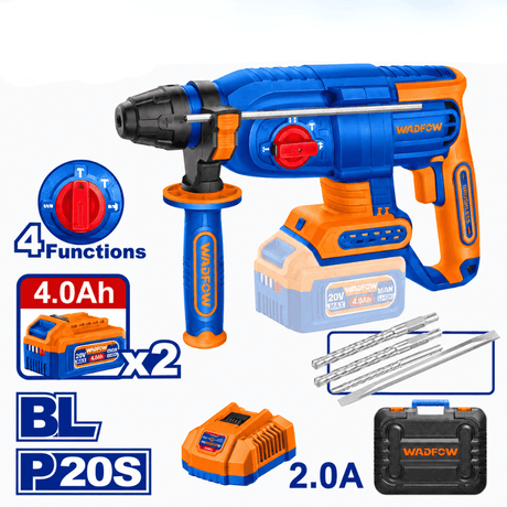 Wadfow Drill Wadfow 20V Brushless Cordless Rotary Hammer 2.5J with 2 x 4.0Ah Batteries, Charger & Accessories - WLM252682