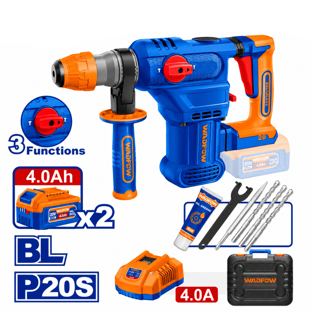 Wadfow Drill Wadfow 20V Brushless Cordless Rotary Hammer 4.5J with 2 x 4.0Ah Batteries, Charger & Accessories - WLM2B286