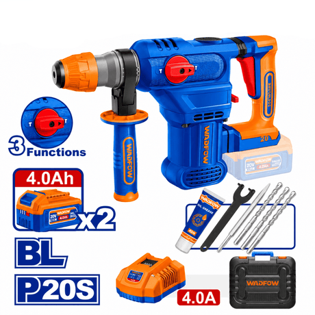 Wadfow Drill Wadfow 20V Brushless Cordless Rotary Hammer 4.5J with 2 x 4.0Ah Batteries, Charger & Accessories - WLM2B286