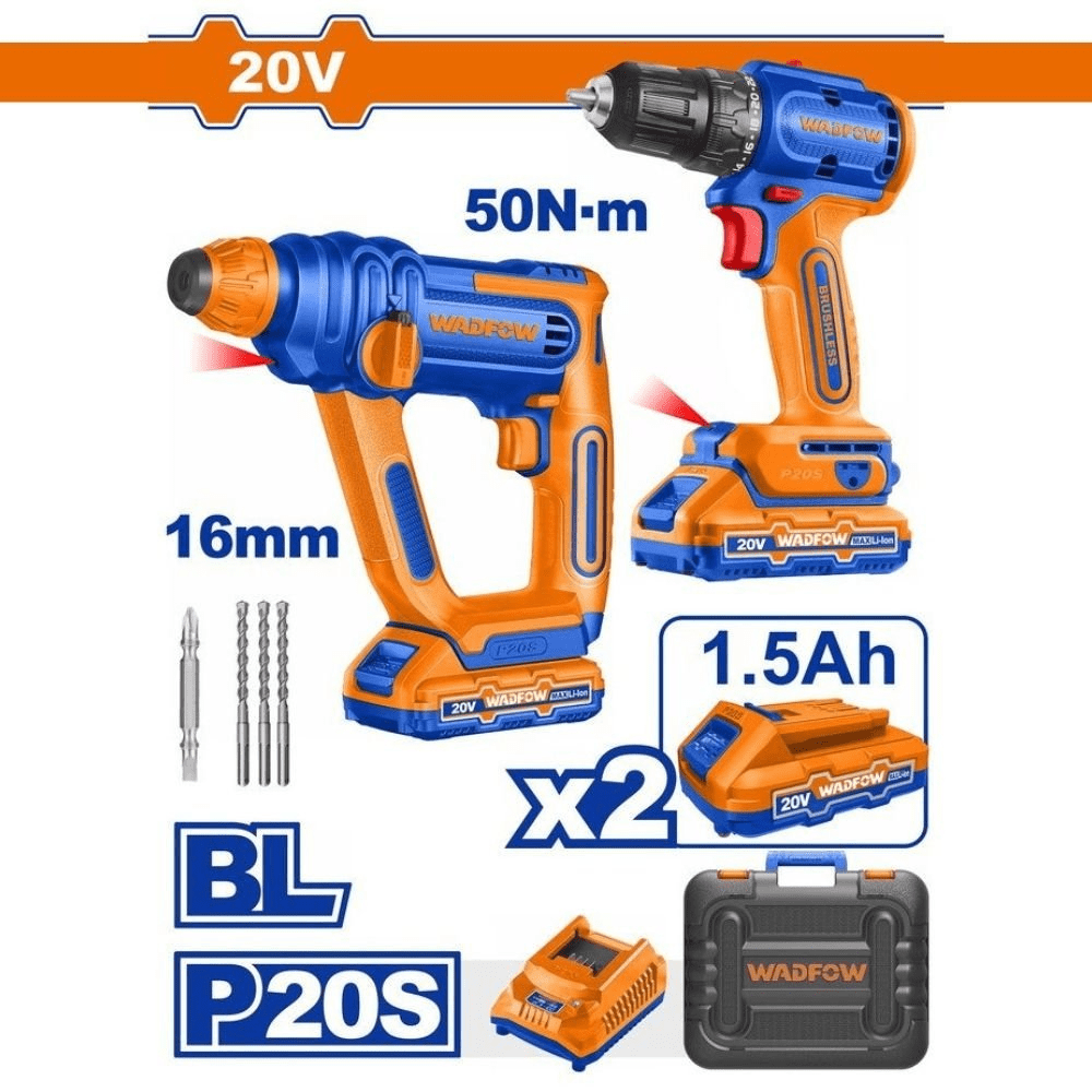 Wadfow Drill Wadfow Cordless 20V Drill 50Nm + 16mm Rotary Hammer + Two 1.5Ah Batteries - WOS240681