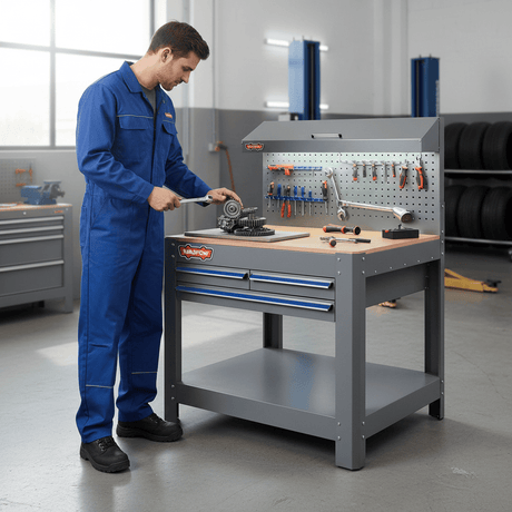 Wadfow Workshop Work Bench Wadfow Heavy-Duty Work Bench with 3 Drawers, Steel Frame & Pegboard - WCS5A05