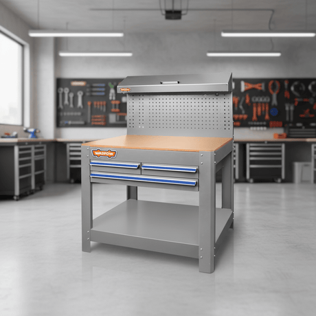 Wadfow Workshop Work Bench Wadfow Heavy-Duty Work Bench with 3 Drawers, Steel Frame & Pegboard - WCS5A05