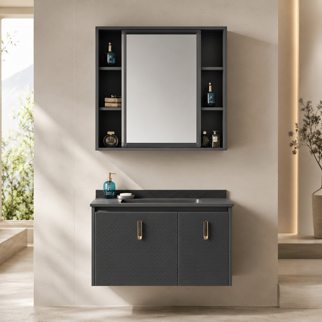 Wahkit Bathroom Vanity & Cabinets Wahkit Black Accent PVC and Marble Bathroom Vanity with Mirror 600mm - K-9631C