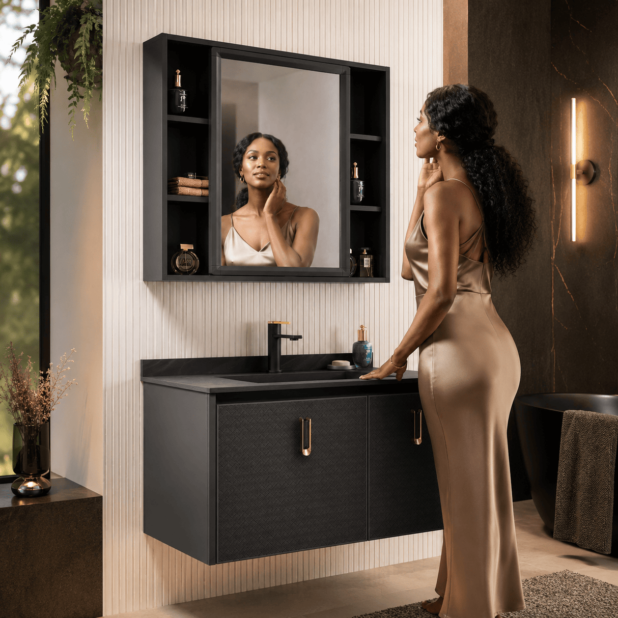 Wahkit Bathroom Vanity & Cabinets Wahkit Black Accent PVC and Marble Bathroom Vanity with Mirror 600mm - K-9631C
