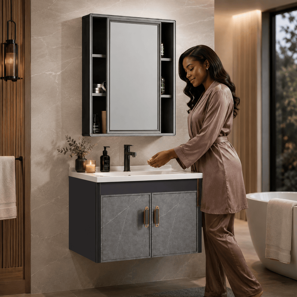 Wahkit Bathroom Vanity & Cabinets Wahkit Charcoal Grey PVC Bathroom Vanity with Marble-Look Doors and Mirror 600mm - K-9322