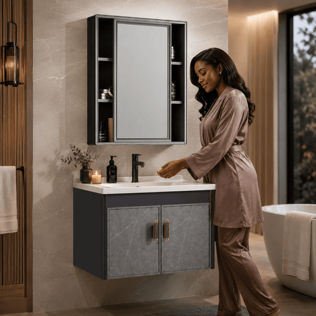 Wahkit Bathroom Vanity & Cabinets Wahkit Charcoal Grey PVC Bathroom Vanity with Marble-Look Doors and Mirror 600mm - K-9322