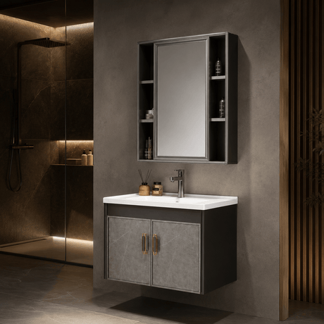 Wahkit Bathroom Vanity & Cabinets Wahkit Charcoal Grey PVC Bathroom Vanity with Marble-Look Doors and Mirror 600mm - K-9322