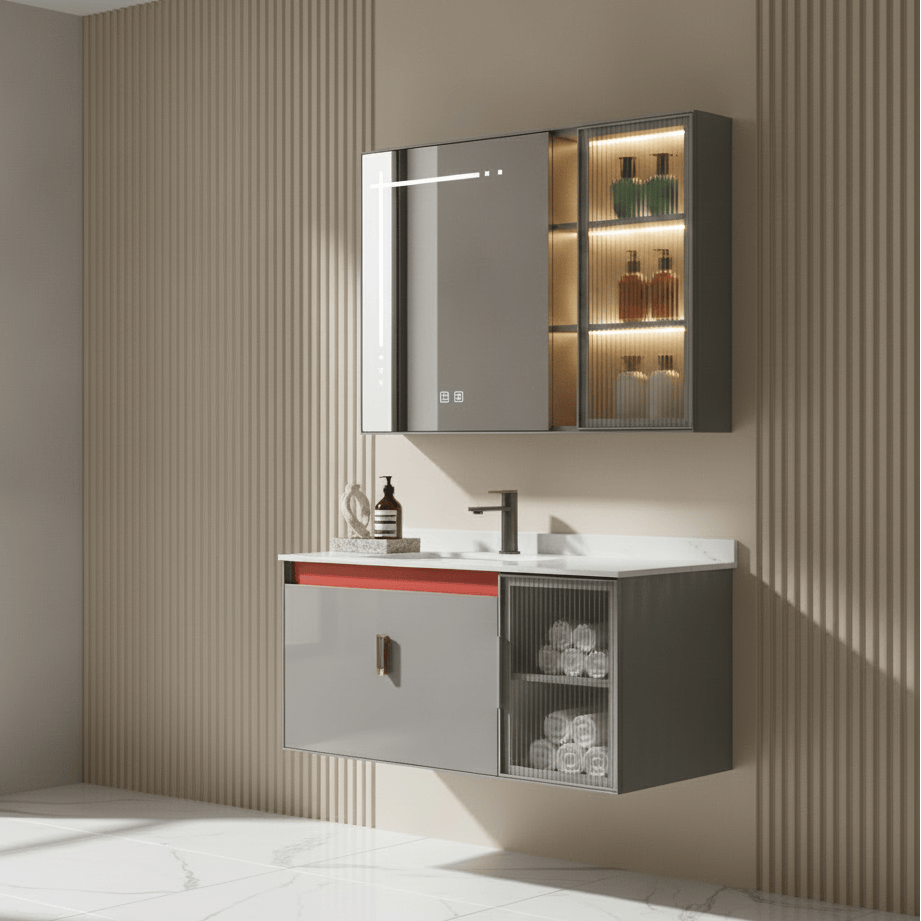 Wahkit Bathroom Vanity & Cabinets Wahkit Charcoal Marble Plywood Bathroom Vanity with Basin and Smart Mirror 800mm - K-9049AC