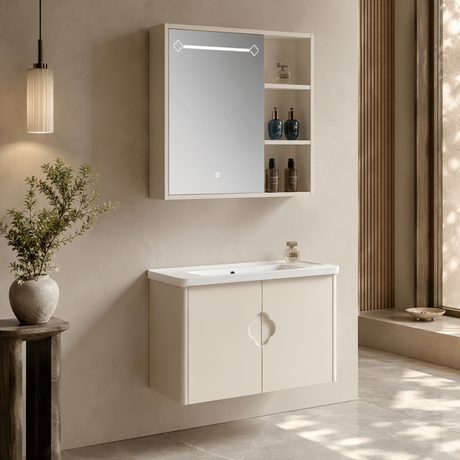 Wahkit Bathroom Vanity & Cabinets Wahkit Cream Marble PVC Bathroom Vanity with Smart Mirror 600mm - K-9742AC