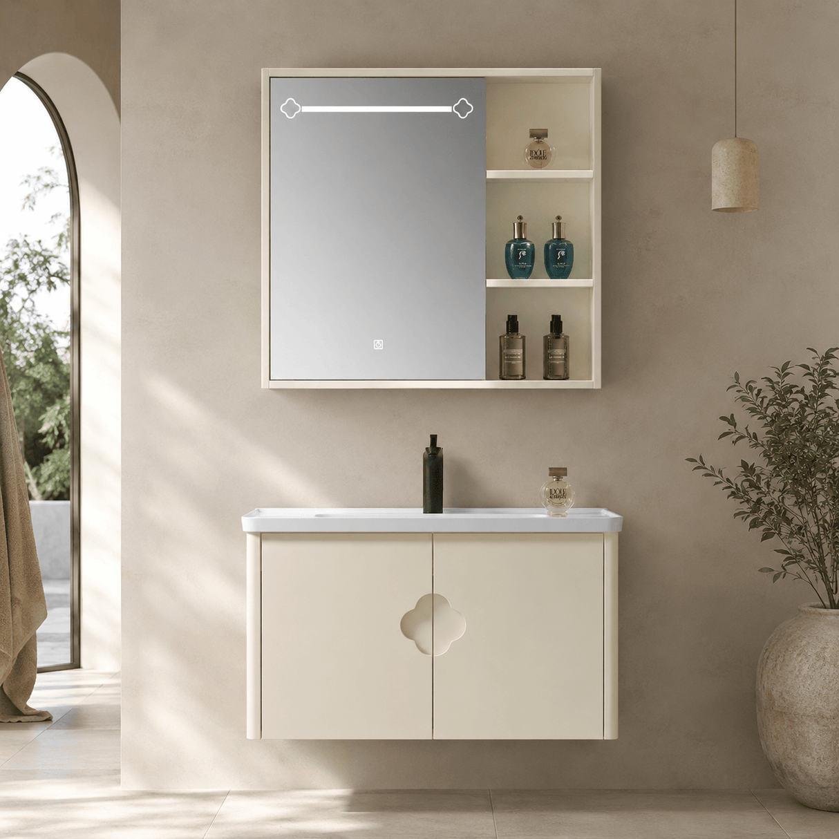 Wahkit Bathroom Vanity & Cabinets Wahkit Cream Marble PVC Bathroom Vanity with Smart Mirror 600mm - K-9742AC