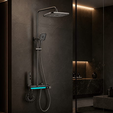 Wahkit Shower Set & Head Wahkit Dark Gunmetal Wall Mounted Rain Shower System with Square Head and Shelf Mixer Bar - K-8895Q