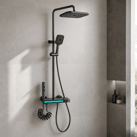 Wahkit Shower Set & Head Wahkit Dark Gunmetal Wall Mounted Rain Shower System with Square Head and Shelf Mixer Bar - K-8895Q