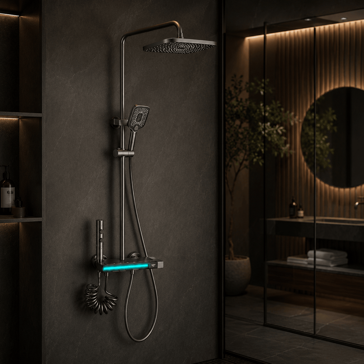 Wahkit Shower Set & Head Wahkit Dark Gunmetal Wall Mounted Rain Shower System with Square Head and Shelf Mixer Bar - K-8895Q