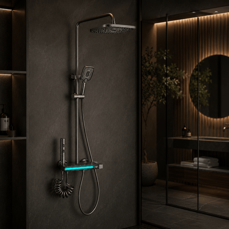 Wahkit Shower Set & Head Wahkit Dark Gunmetal Wall Mounted Rain Shower System with Square Head and Shelf Mixer Bar - K-8895Q