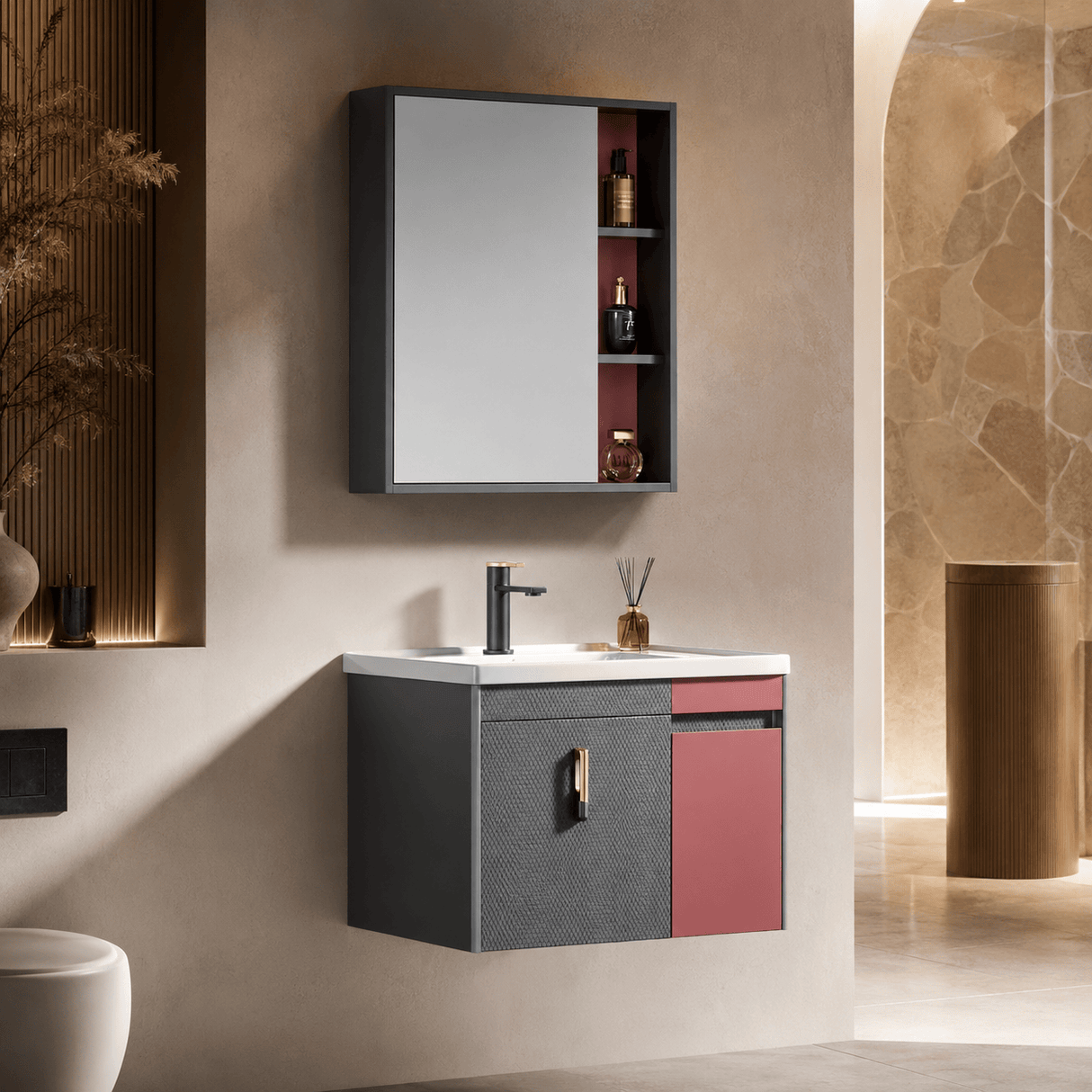 Wahkit Bathroom Vanity & Cabinets Wahkit Grey and Red Accent PVC Bathroom Vanity with Mirror 600mm - K-9621