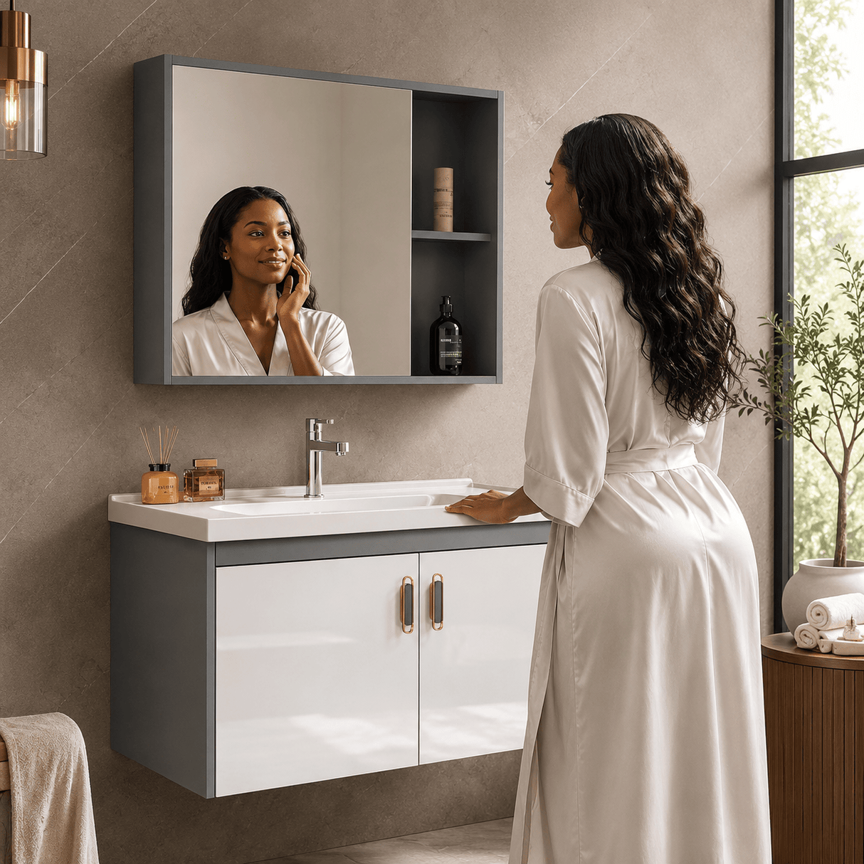 Wahkit Bathroom Vanity & Cabinets Wahkit Grey and White Floating Plywood Bathroom Vanity with Smart Mirror 600mm - K-9135A