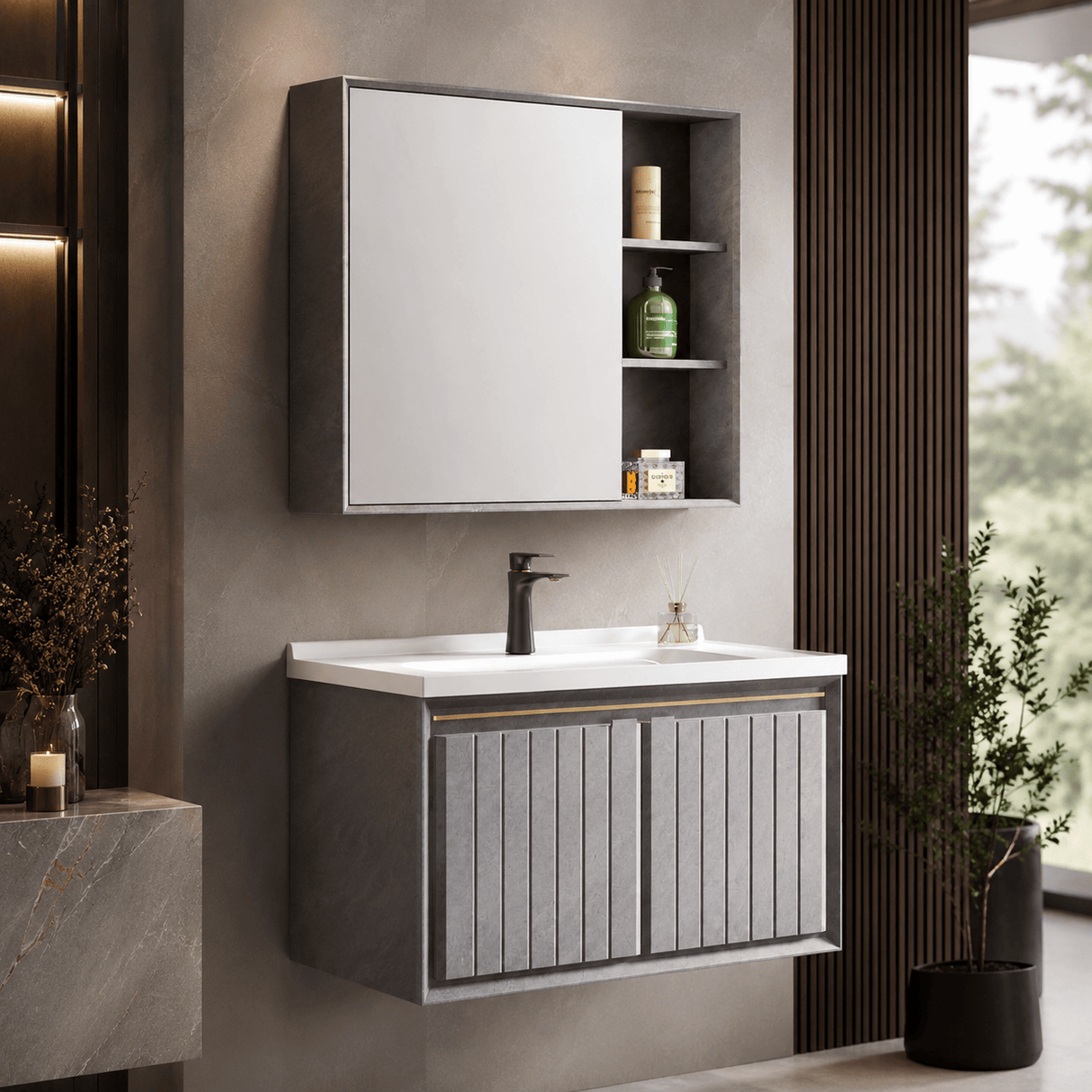 Wahkit Bathroom Vanity & Cabinets Wahkit Grey Fluted PVC Bathroom Vanity with Basin and Mirror Cabinet 800mm - K-9602