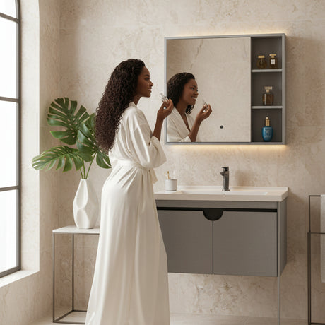 Wahkit Bathroom Vanity & Cabinets Wahkit Grey Ribbed Plywood Bathroom Vanity with Basin and Mirror 700mm - K-9087B