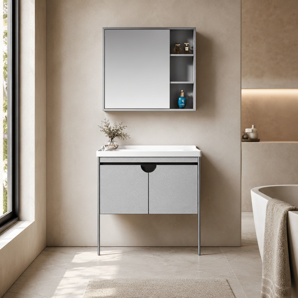 Wahkit Bathroom Vanity & Cabinets Wahkit Grey Ribbed Plywood Bathroom Vanity with Basin and Mirror 700mm - K-9087B