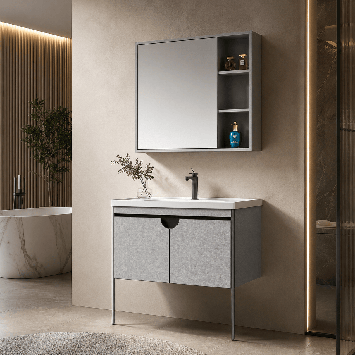 Wahkit Bathroom Vanity & Cabinets Wahkit Grey Textured Plywood Bathroom Vanity with Basin and Mirror 800mm - K-9086B