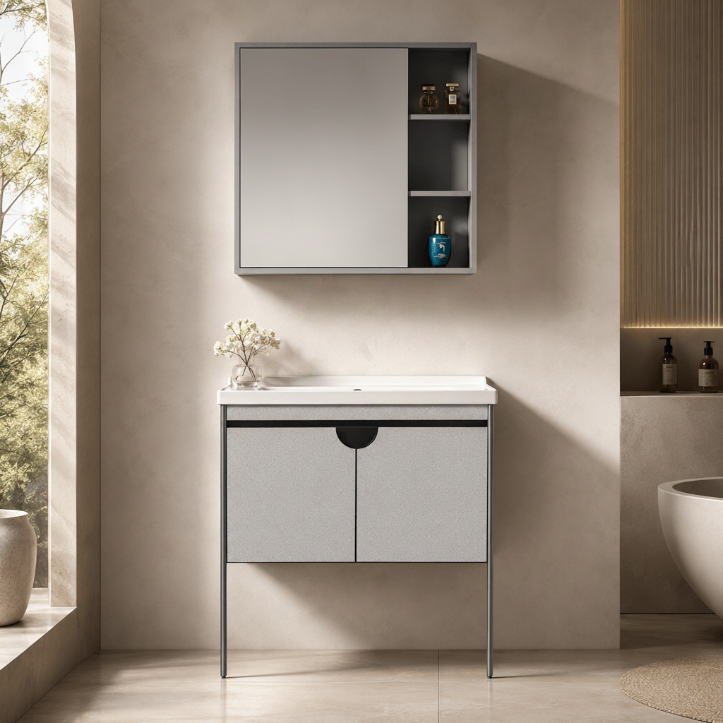 Wahkit Bathroom Vanity & Cabinets Wahkit Grey Textured Plywood Bathroom Vanity with Basin and Mirror 800mm - K-9086B