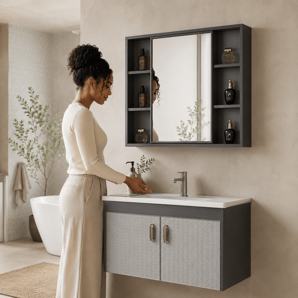 Wahkit Bathroom Vanity & Cabinets Wahkit Grey Textured PVC Bathroom Vanity with Basin and Mirror Cabinet 600mm - K-0356C