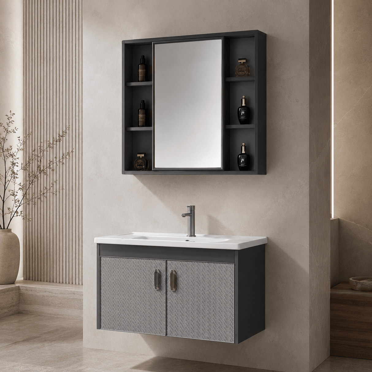 Wahkit Bathroom Vanity & Cabinets Wahkit Grey Textured PVC Bathroom Vanity with Basin and Mirror Cabinet 600mm - K-0356C